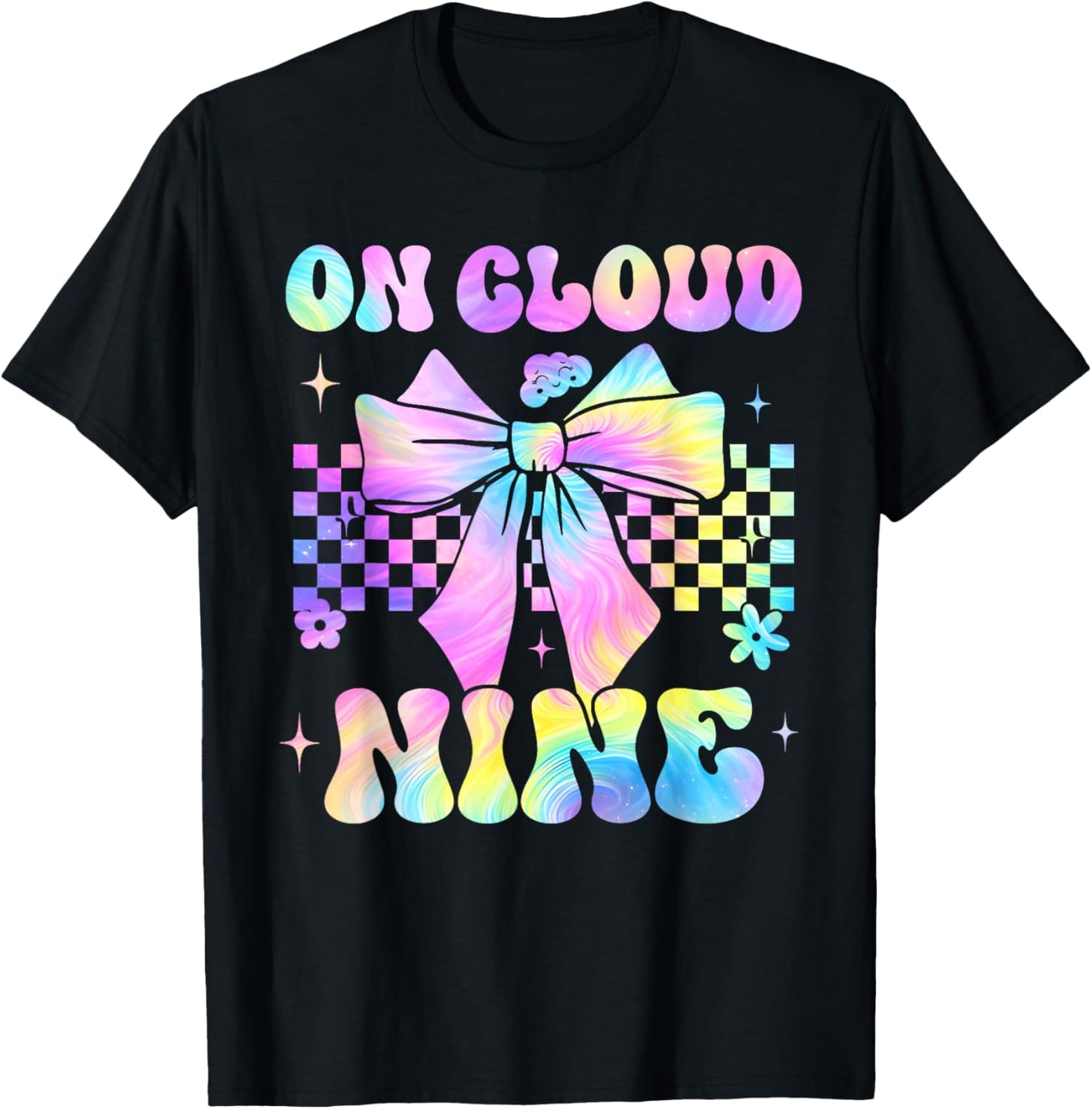 Kids 9th Birthday Girl On Cloud Nine Coquette Bow 9 Year Old T-Shirt - T-Shirt | Black