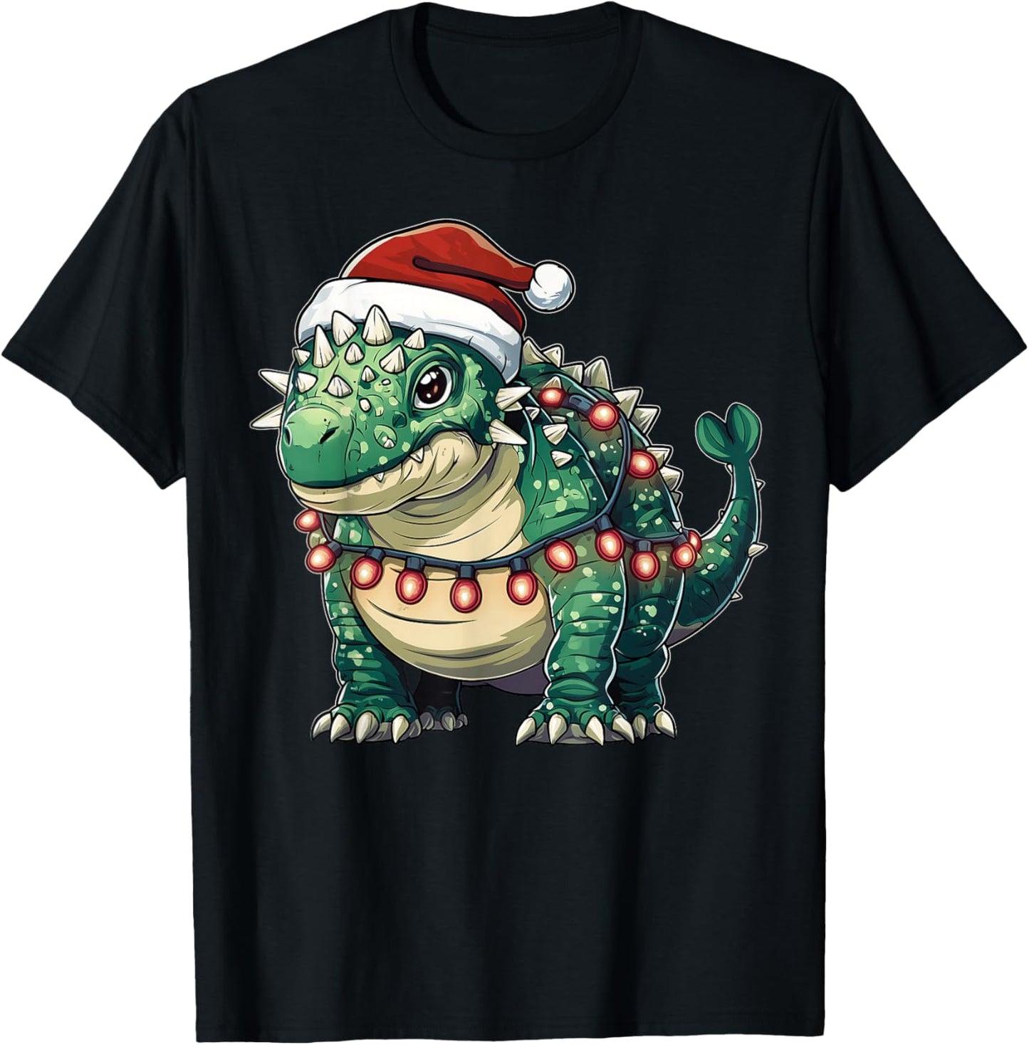 Ankylosaurus Dinosaur Christmas - -Adults/Kids - Red - Short Sleeve - U-Neck - Small - Christmas Dinosaur T-Shirt - T-Shirt | Black