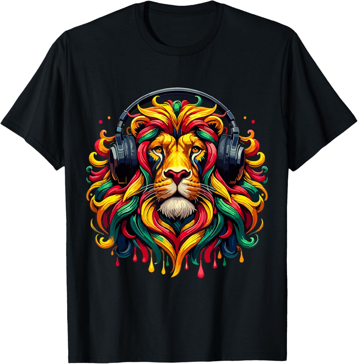 Rasta Reggae Music Headphones Jamaican Lion Of Judah T-Shirt - T-Shirt | Black