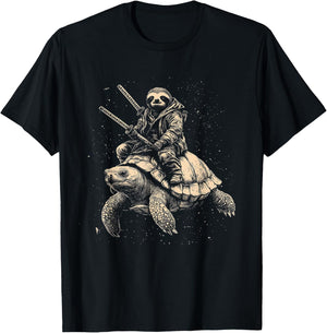 Sloth on Turtle with Katana Cool Samurai Animal Design T-Shirt - T-Shirt | Black