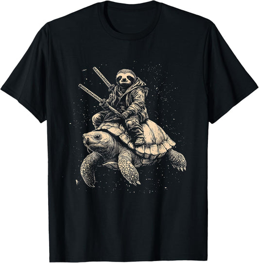 Sloth on Turtle with Katana Cool Samurai Animal Design T-Shirt - T-Shirt | Black