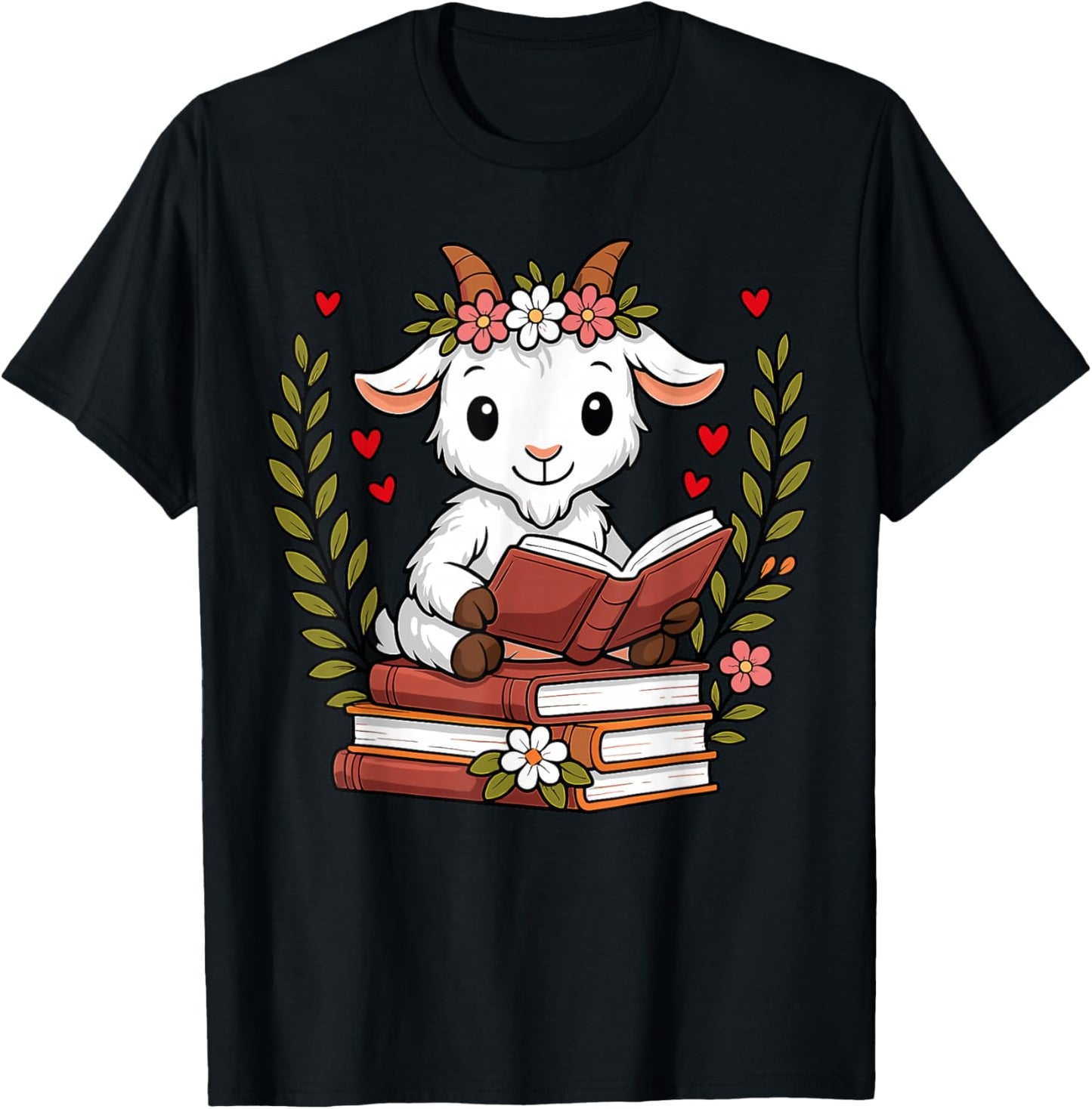 Goat Reading Book Graphic Goat with Book Floral T-Shirt - T-Shirt | Black
