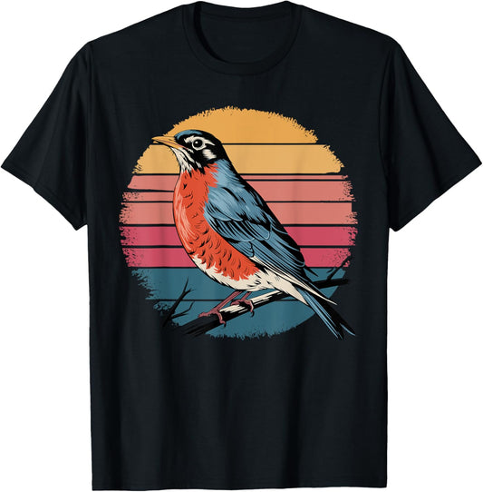 American Robin Bird Lover Vintage Retro Sunset Bird Watching T-Shirt - T-Shirt | Black