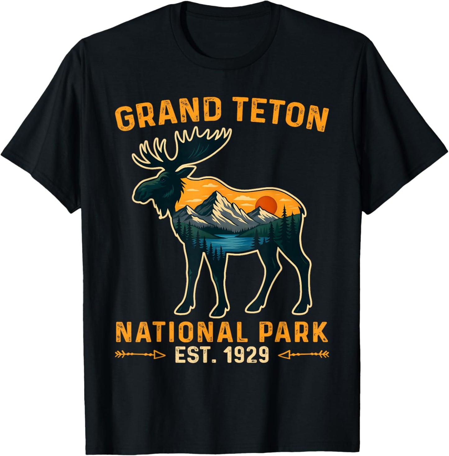 Vintage Grand Teton National Park Moose Hiking Vacation T-Shirt - T-Shirt | Black