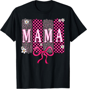 Checkered Mama Coquette Bow Mama Flower Mother's Day Leopard T-Shirt - T-Shirt | Black