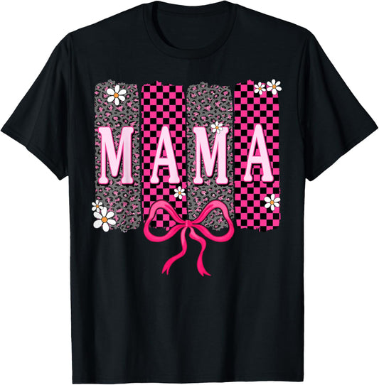 Checkered Mama Coquette Bow Mama Flower Mother's Day Leopard T-Shirt - T-Shirt | Black