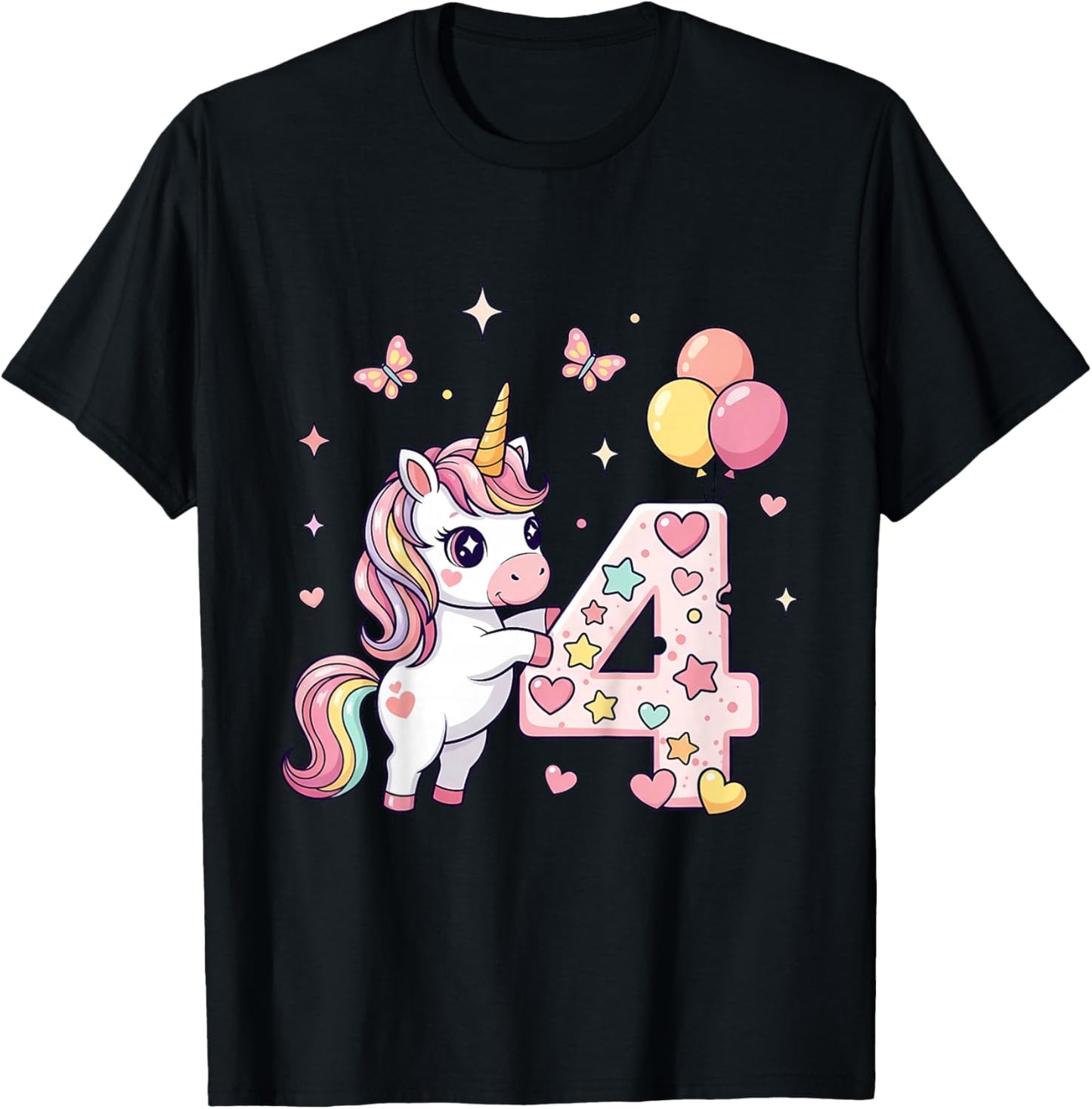 Kids Cute Unicorn 4th Birthday Party Outfit for Girls 4 Years Old T-Shirt - T-Shirt | Black