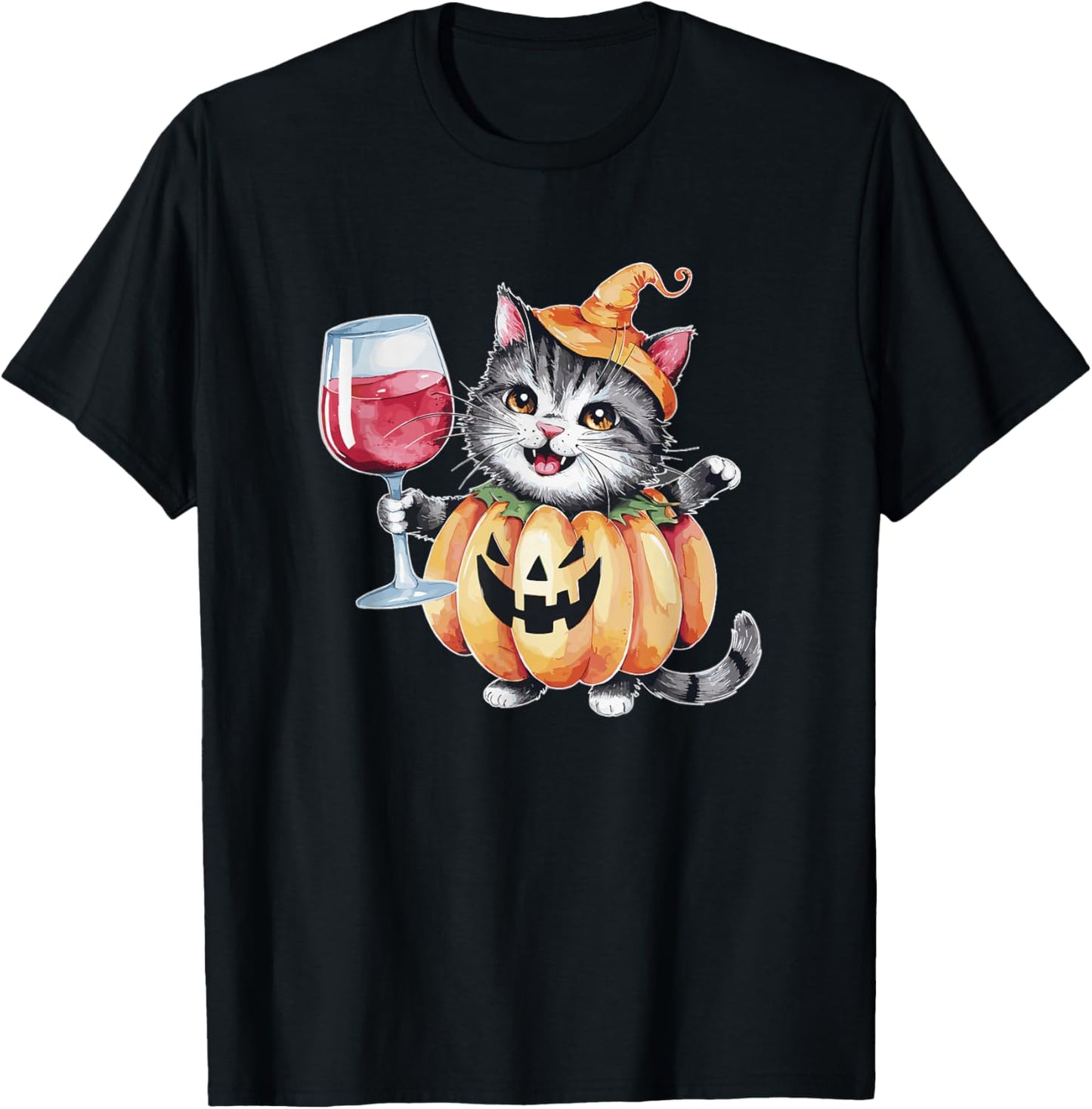 Cute Pumpkin Cat Wine Glass Halloween Cats Trick Or Treat T-Shirt - T-Shirt | Black