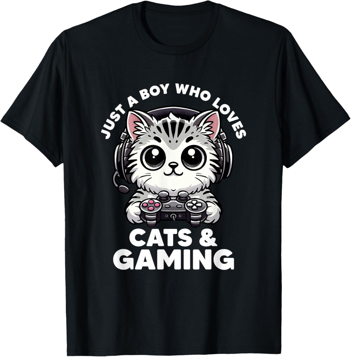 Just A Boy Who Loves Cats & Gaming Boy Cat Dad Funny Gamer T-Shirt - T-Shirt | Black