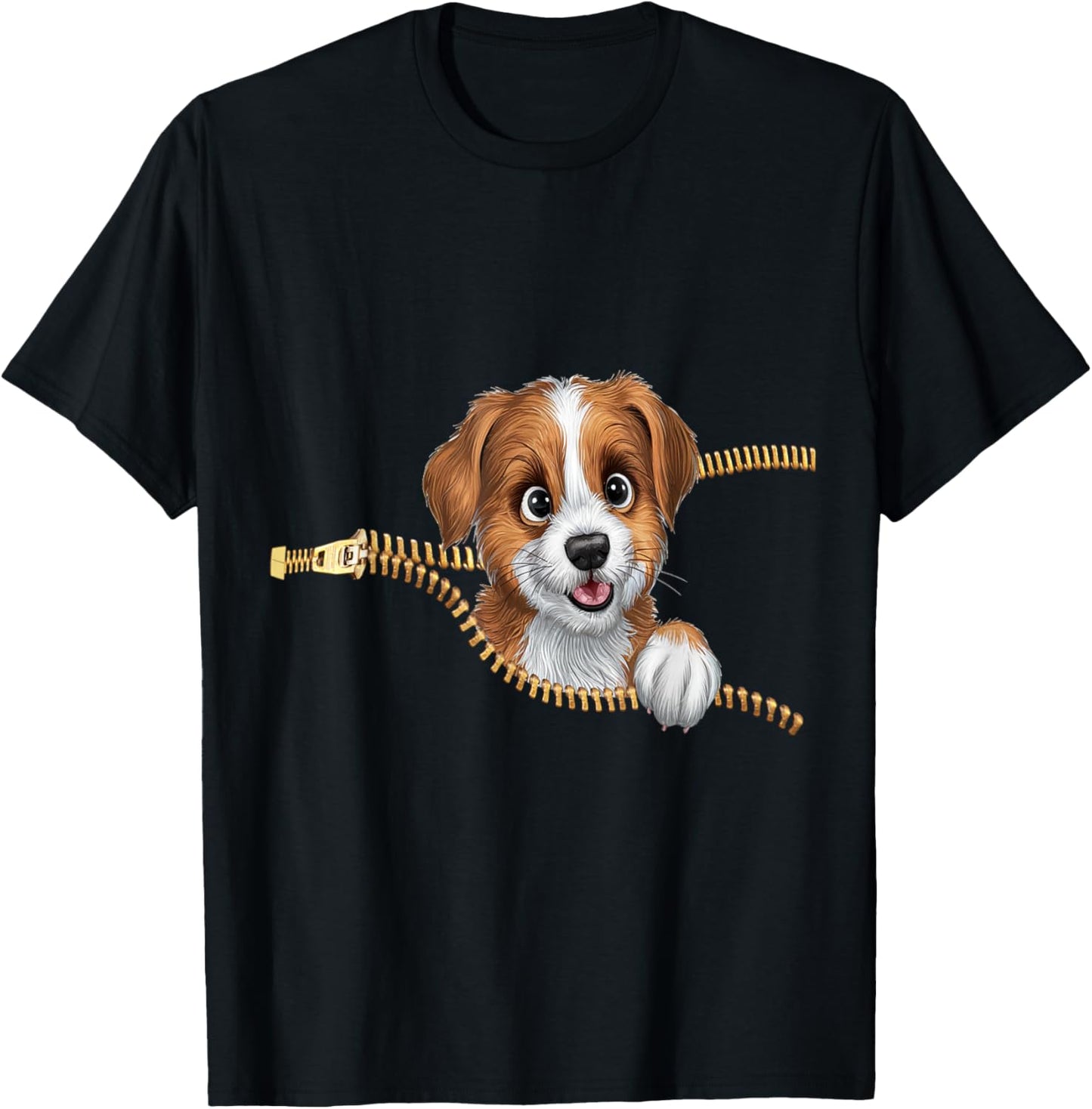 Cute Dog in Pocket Funny Zipper Pocket Graphic Design Puppy T-Shirt - T-Shirt | Black