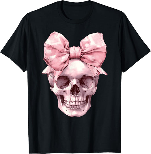 Cute Pink Coquette Bow Skull Spooky Halloween Women Girls T-Shirt - T-Shirt | Black