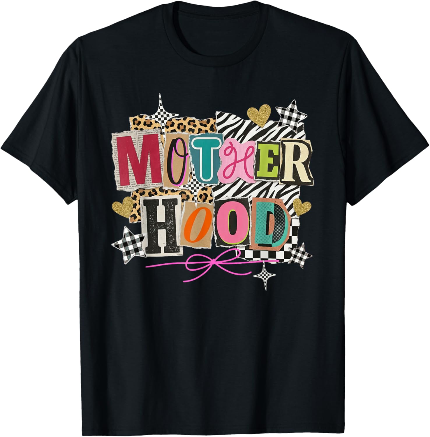 Motherhood Collage Mother Day Coquette Bow Leopard Mom Mama T-Shirt - T-Shirt | Black