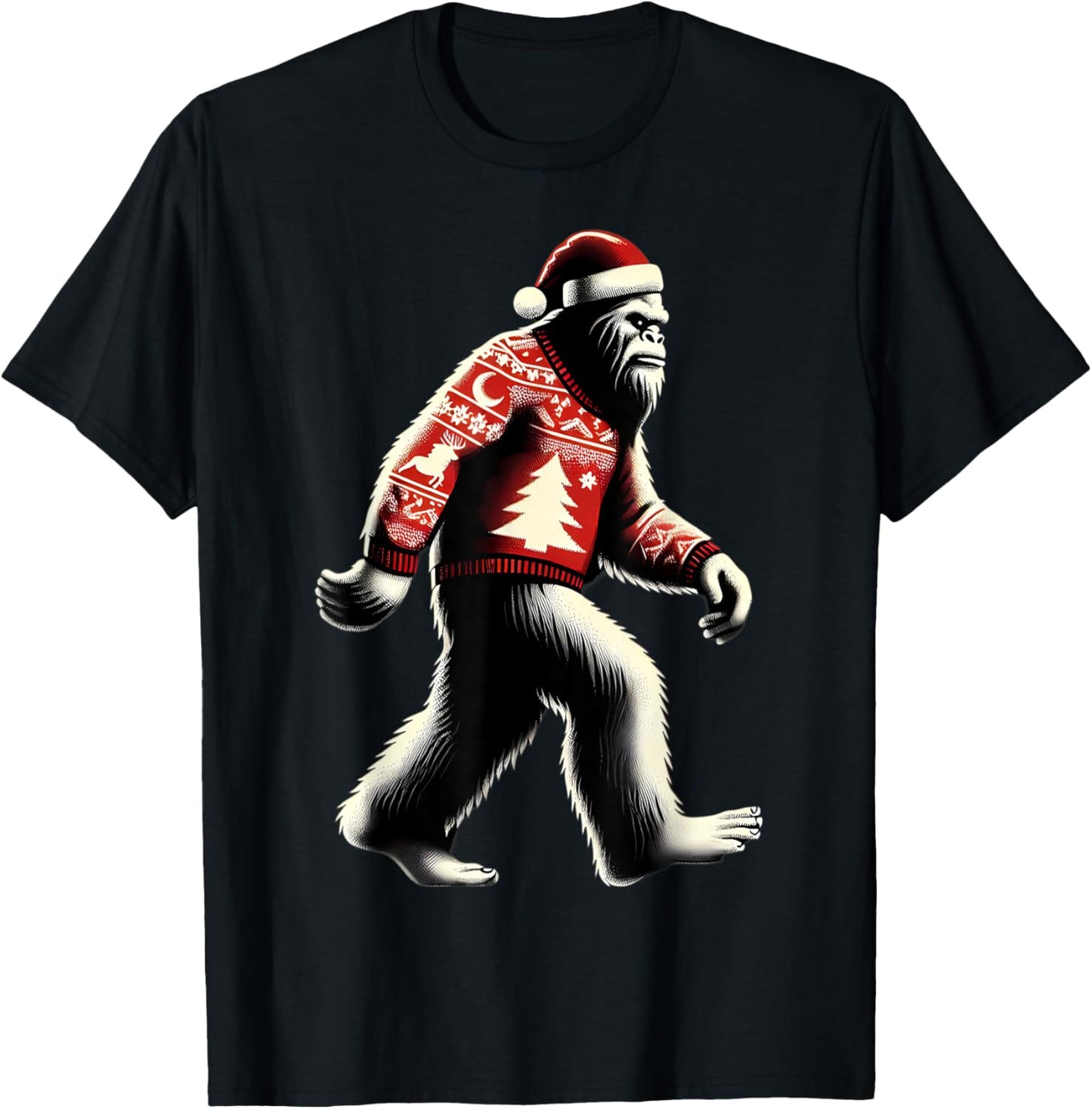 Walking Sasquatch With Santa Hat Christmas Big-foot Funny T-Shirt - T-Shirt | Black