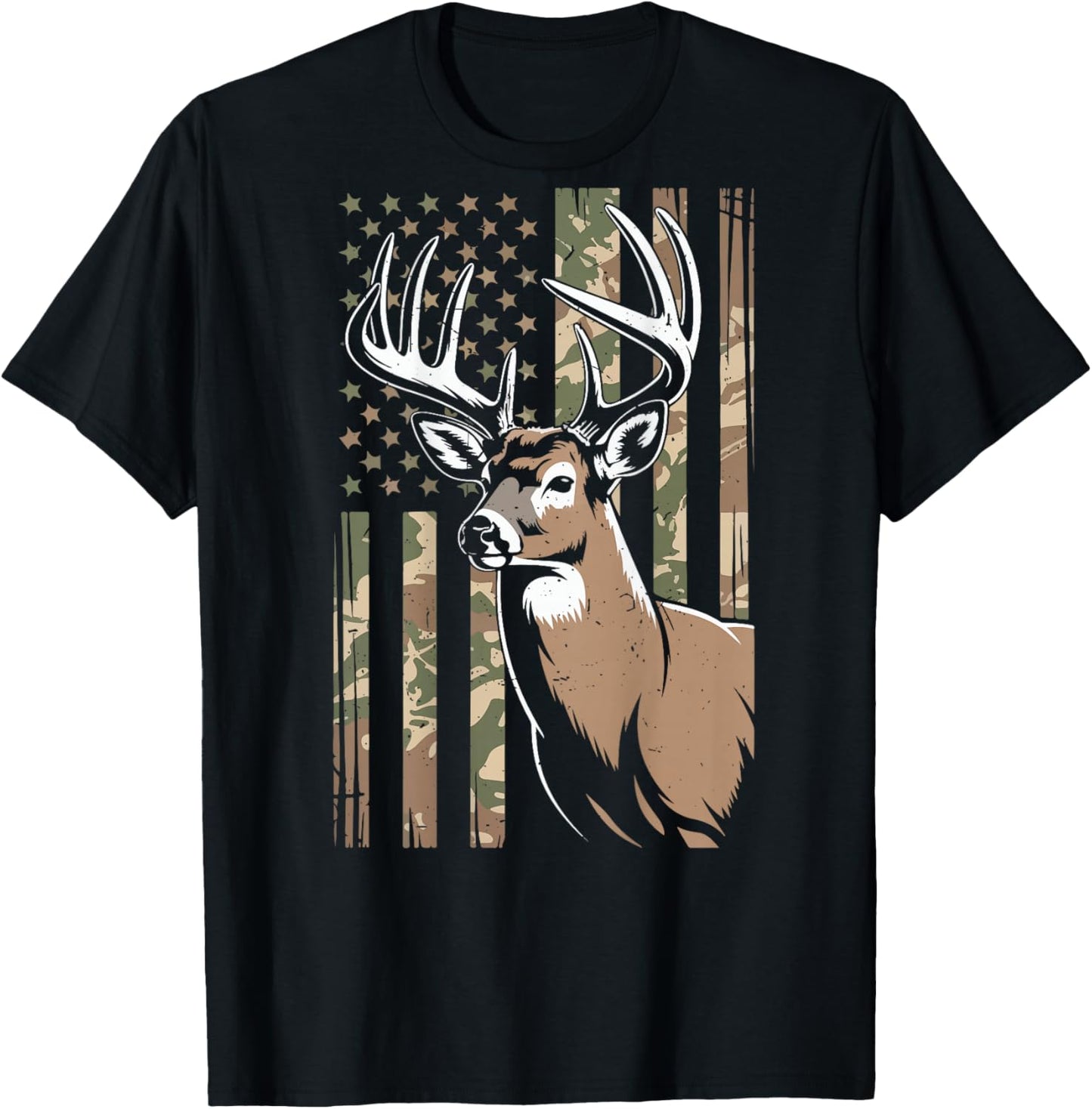 Men Boy Camo Deer Hunting American Flag Whitetail Buck Youth T-Shirt - T-Shirt | Black