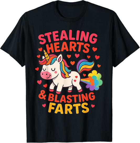 Funny Cute Unicorn Stealing Hearts Blasting Farts Design T-Shirt - T-Shirt | Black
