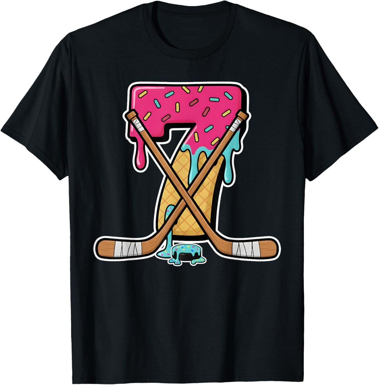 7 Year Old Hockey Ice Cream Drip Youth 7th Birthday Boys T-Shirt - T-Shirt | Black