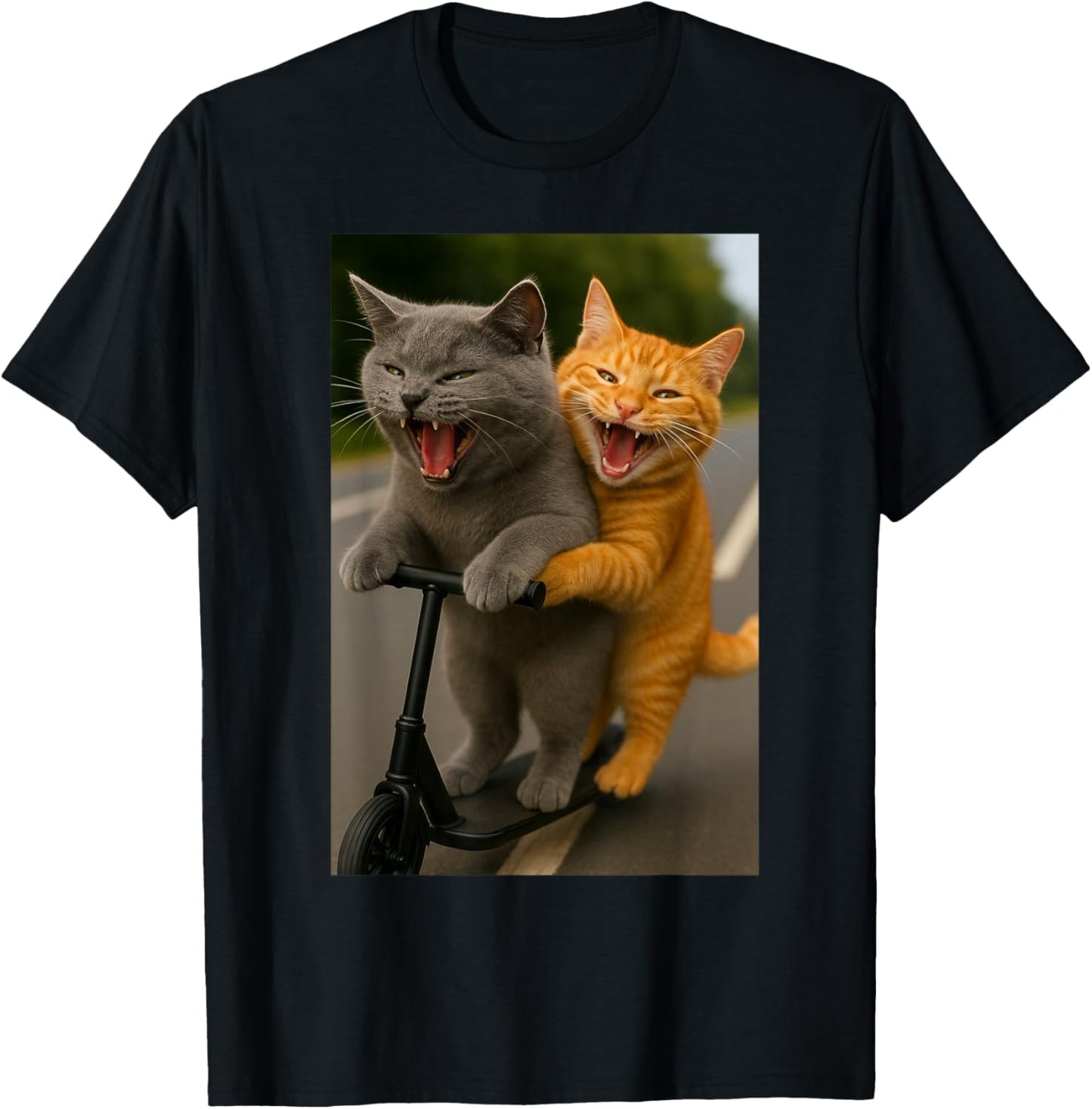 Funny Two Cats Riding Scooter with Big Laughter T-Shirt - T-Shirt | Black