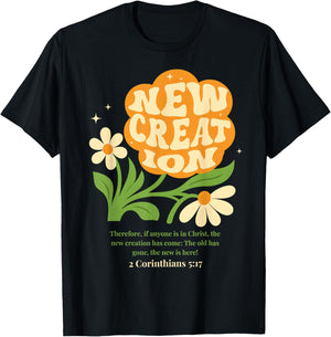 Boho Christian Flower New Creation Baptism Verse Baptized T-Shirt - T-Shirt | Black