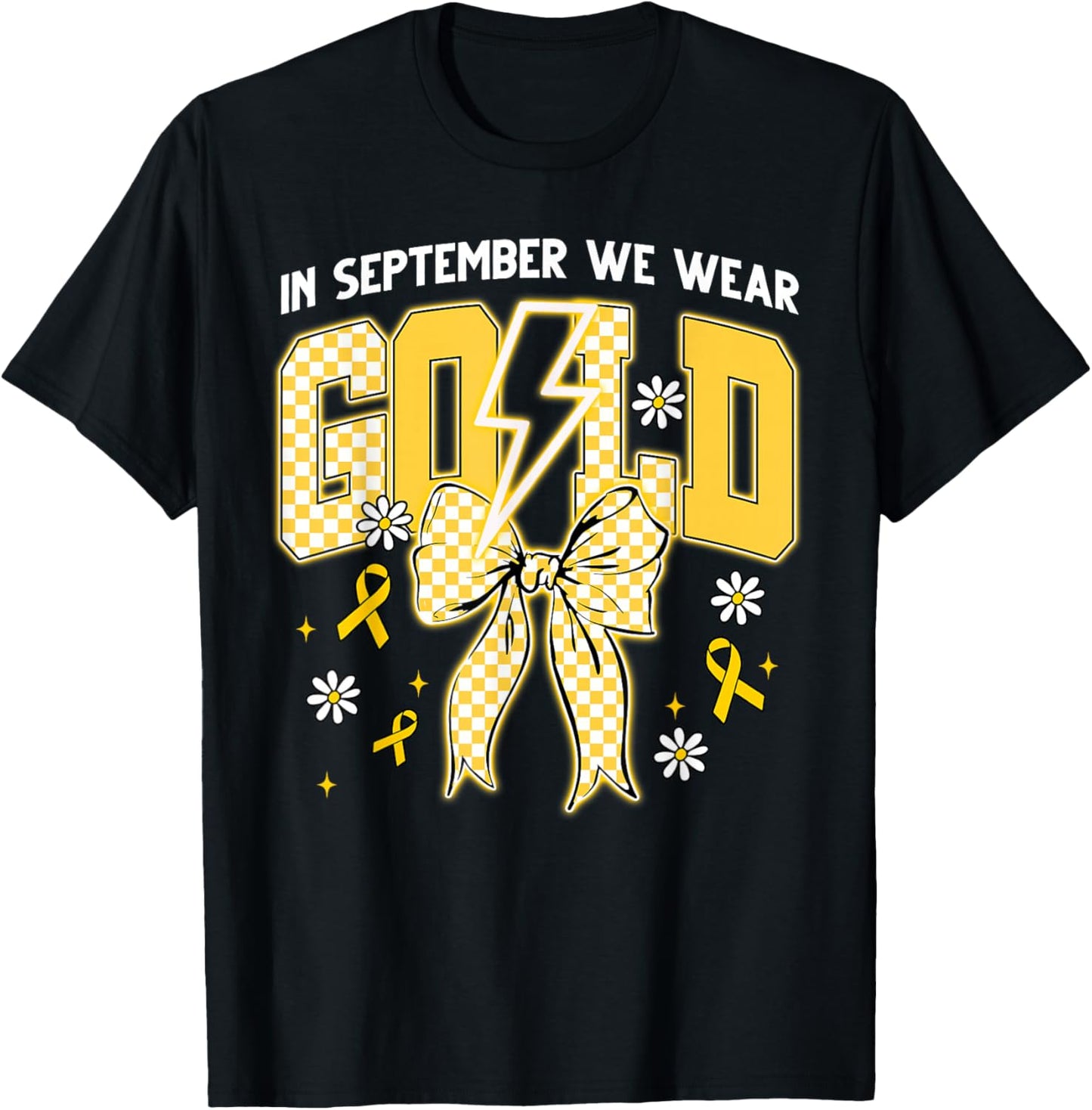 September We Wear Gold Coquette Bow Childhood Cancer Support T-Shirt - T-Shirt | Black