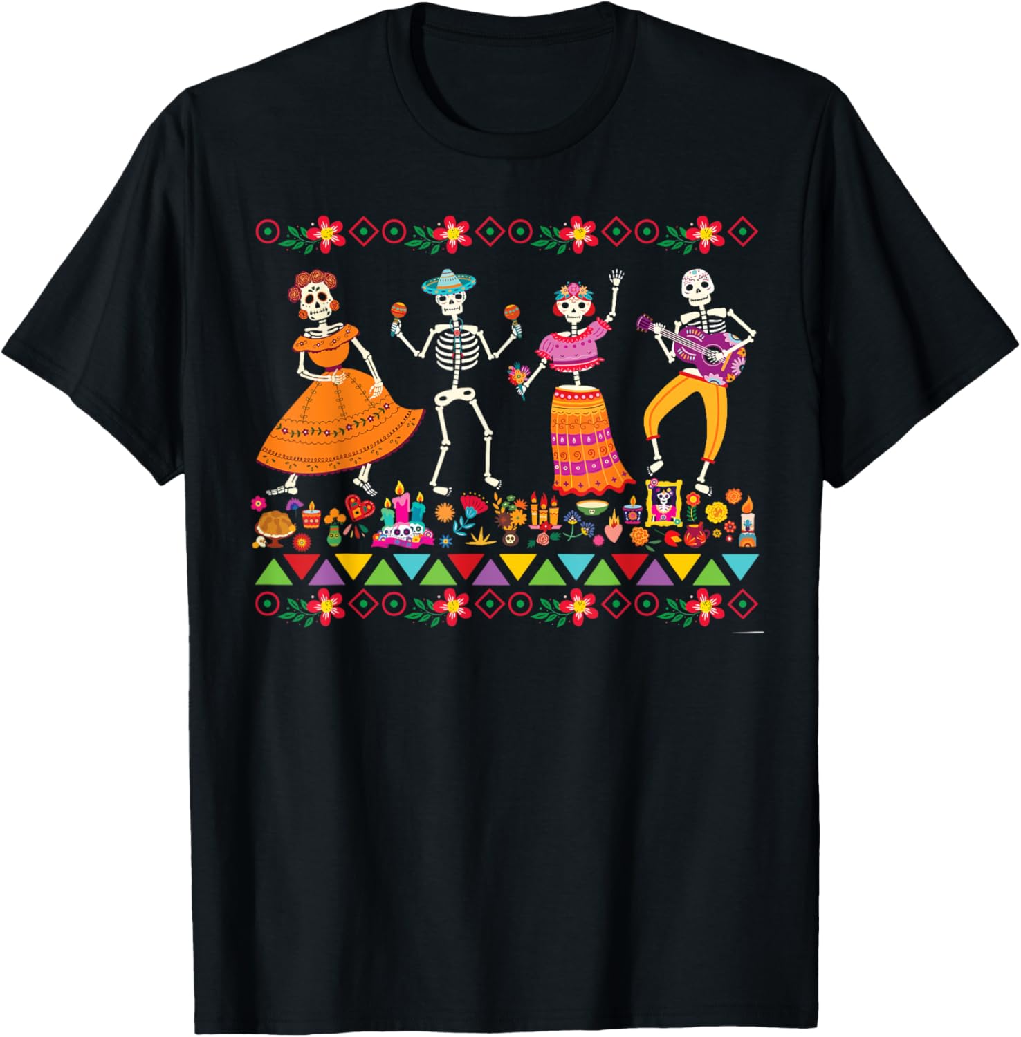 Dancing Skeletons Day of the Dead Mexican Dia de los Muertos T-Shirt - T-Shirt | Black
