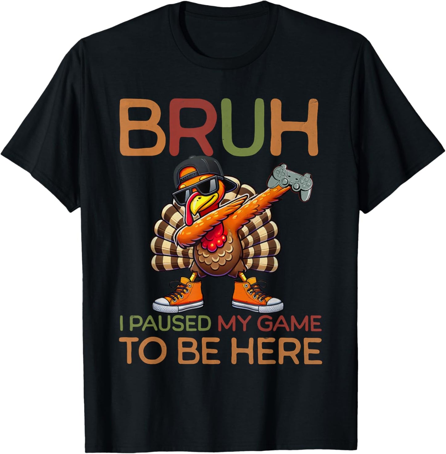 Bruh I Paused My Game To Be Here Thanksgiving Kid Boys Gamer T-Shirt - T-Shirt | Black