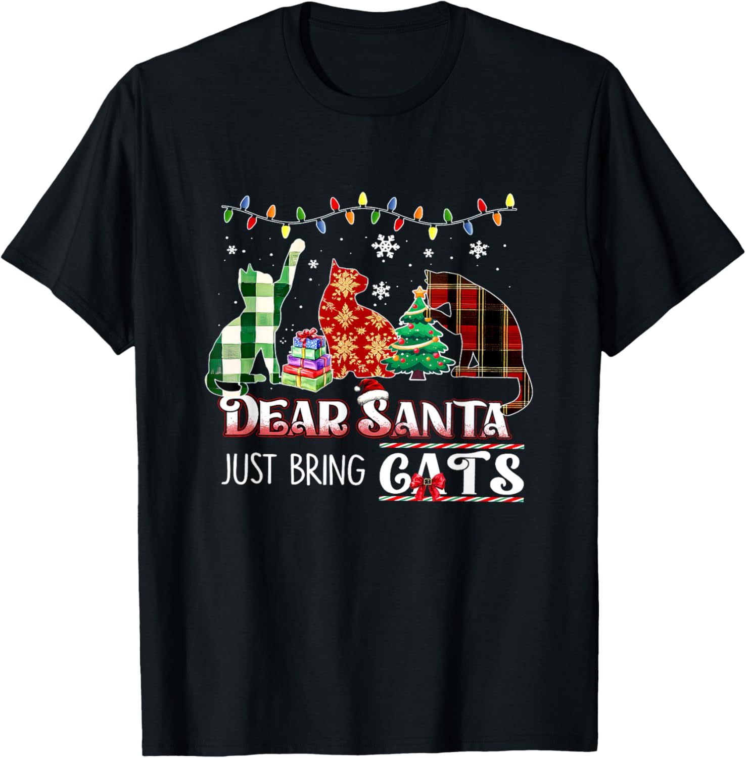 Dear Santa Just Bring Cats Funny Christmas Cat Lover Xmas T-Shirt - T-Shirt | Black