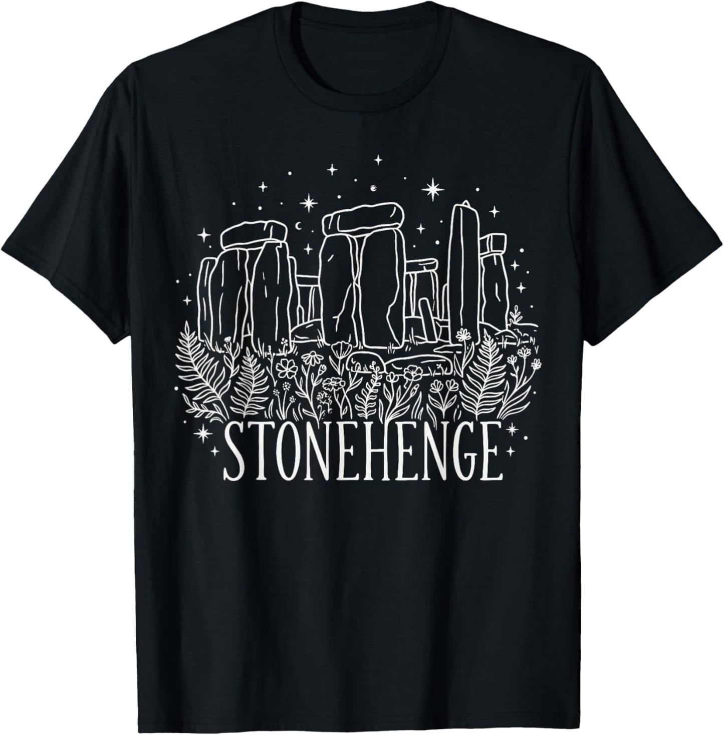 Stonehenge Line Art Botanical Celestial Stonehenge T-Shirt - T-Shirt | Black