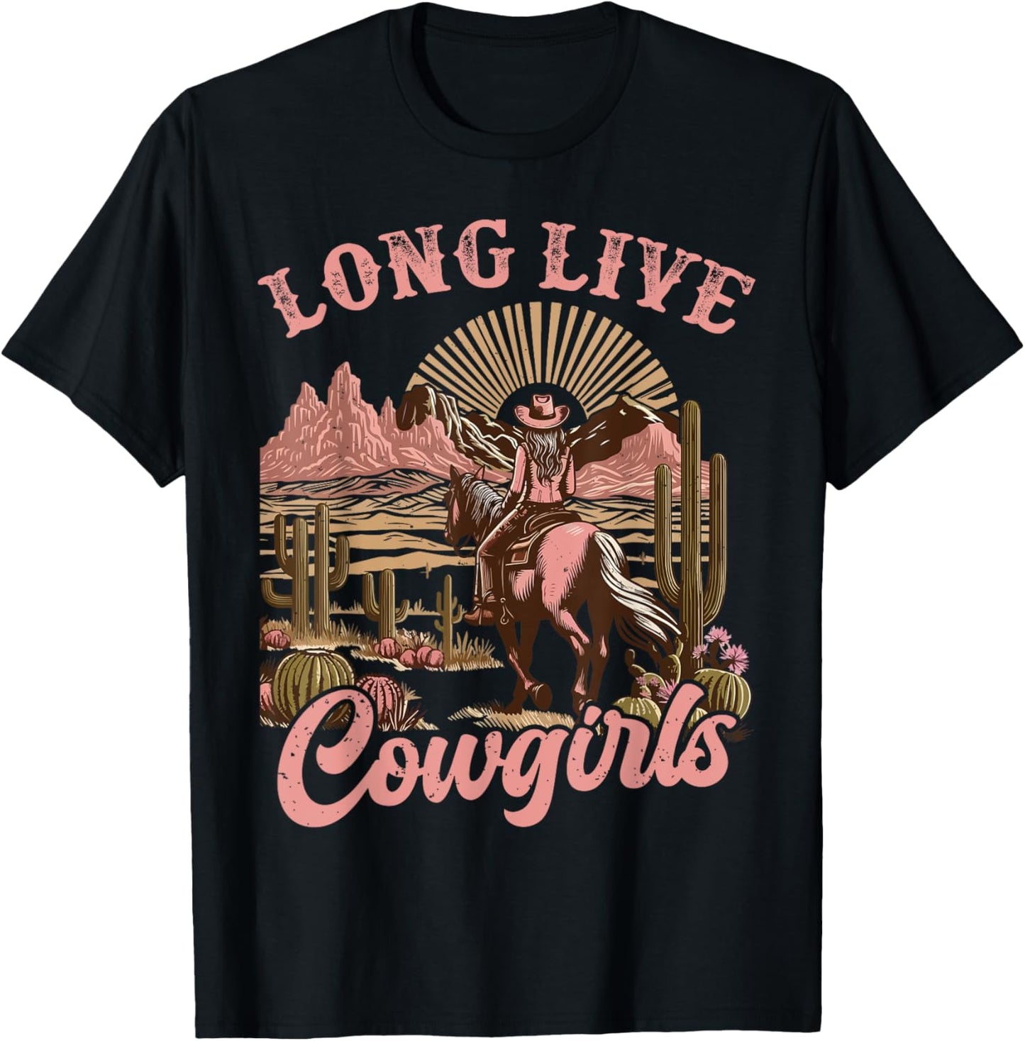 Vintage Western Country Southern Women Girls Gifts Long Live Country Cute Cowgirl Riding Horse Howdy Rodeo T-Shirt - T-Shirt | Black