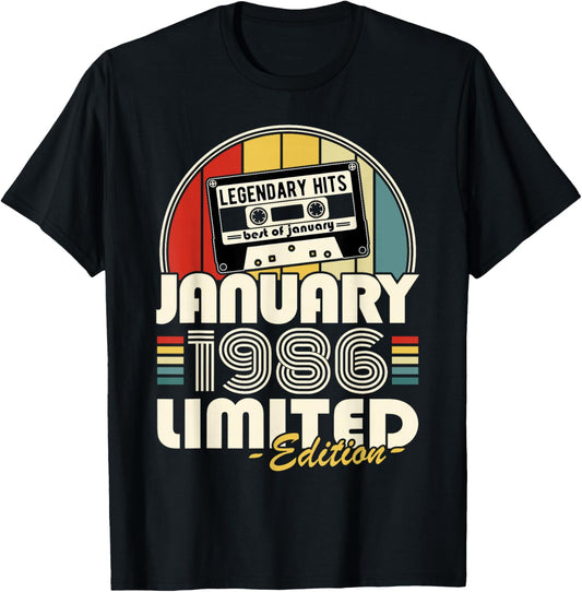 Vintage Birthday 40 Years Born in January 1986 Man Woman T-Shirt - T-Shirt | Black