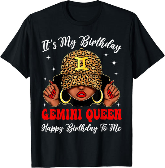 Gemini Black Woman Leopard Cap Zodiac It's My Birthday T-Shirt - T-Shirt | Black
