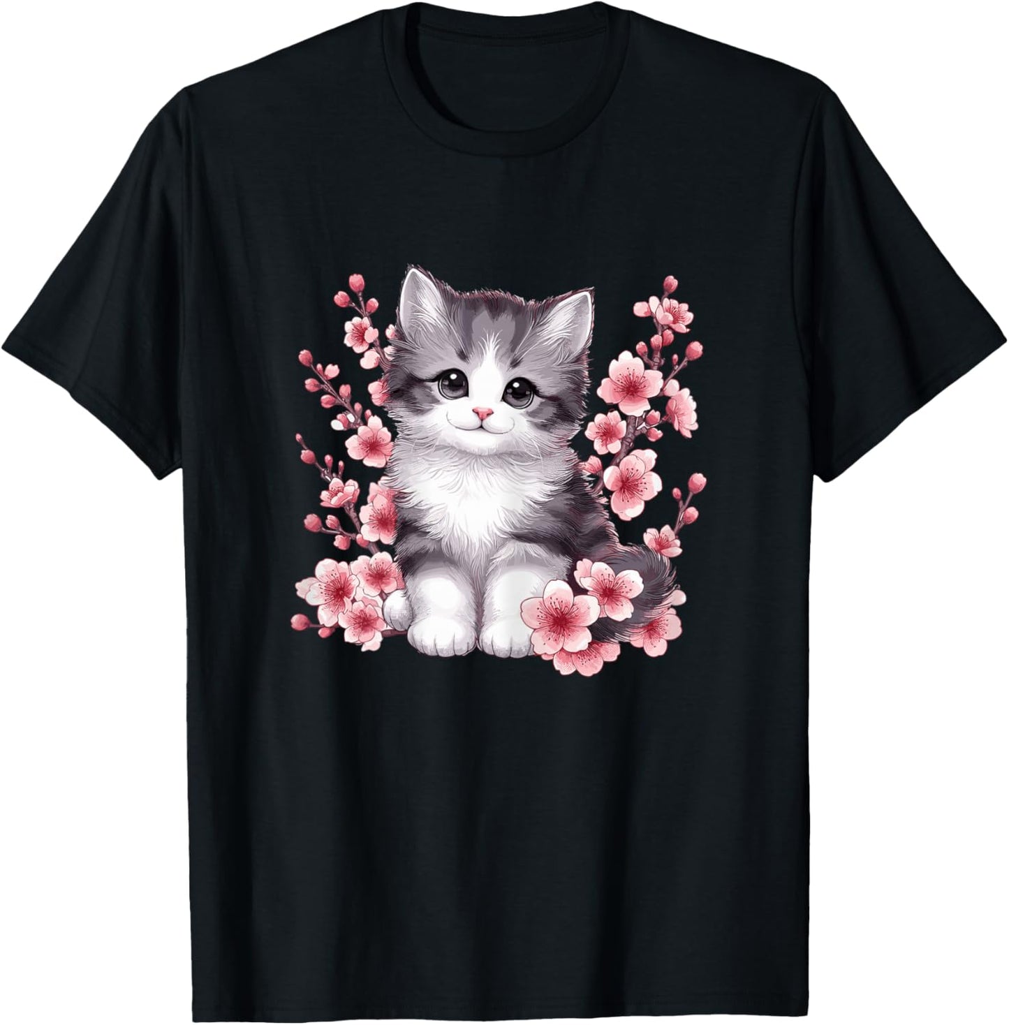 Cat with Cherry Blossoms Cute Cat T-Shirt - T-Shirt | Black