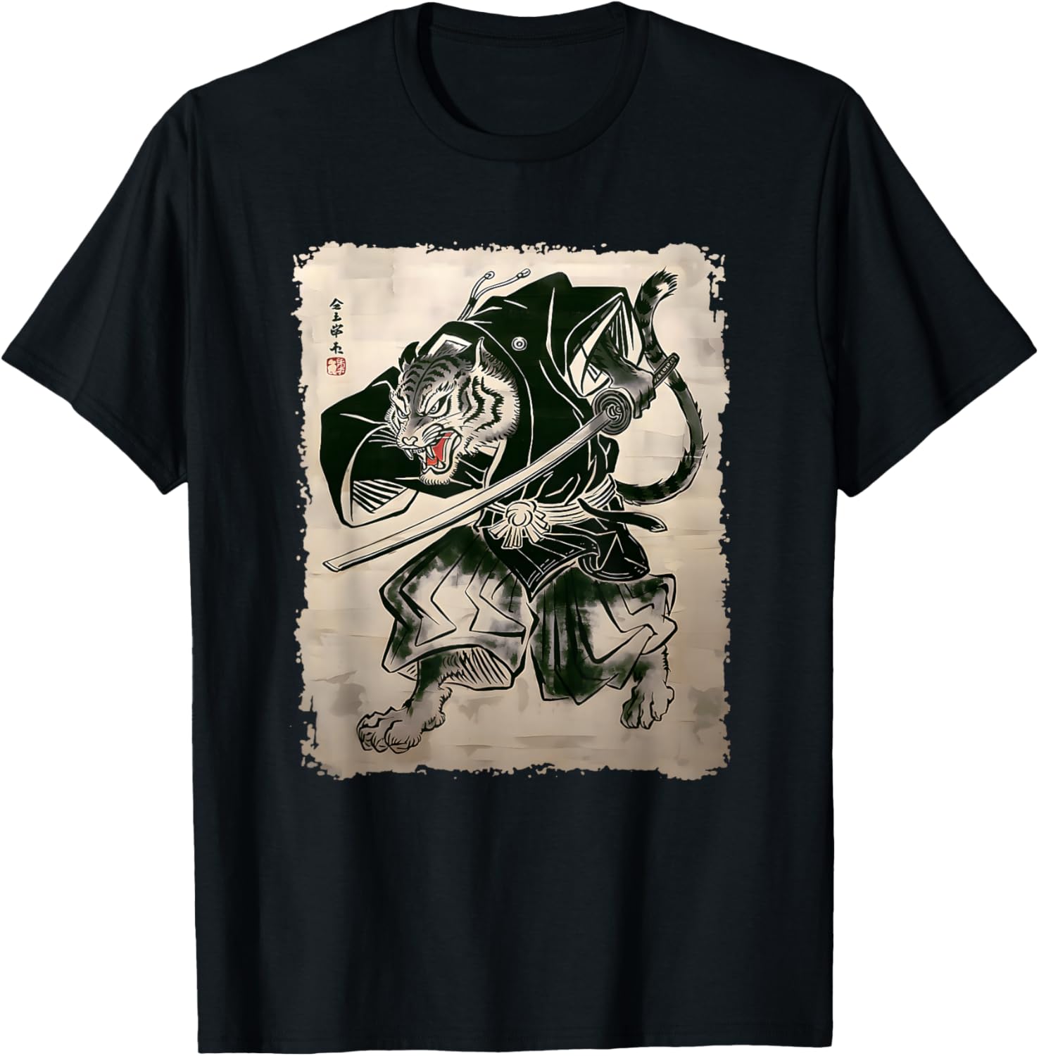 Samurai Tiger Warrior Vintage Japanese Art Anime T-Shirt - T-Shirt | Black