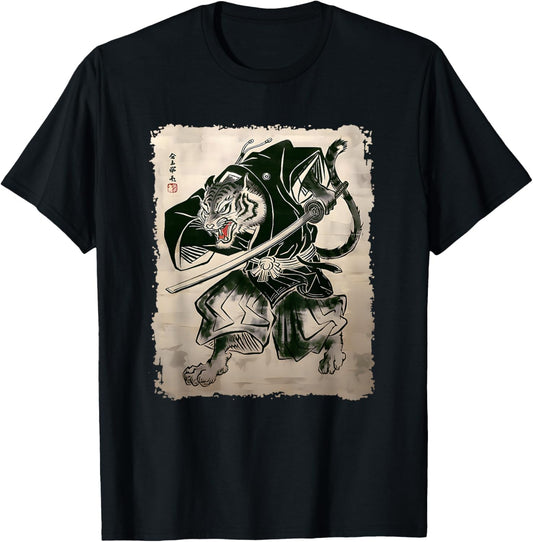 Samurai Tiger Warrior Vintage Japanese Art Anime T-Shirt - T-Shirt | Black