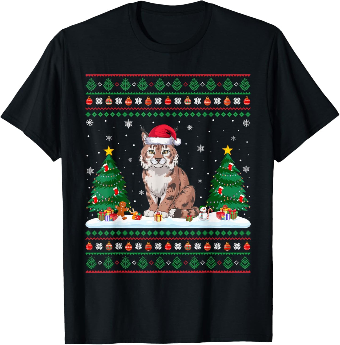 Christmas Tree Lights Bobcat Santa Ugly Xmas Sweater Men Women Kids T-Shirt - T-Shirt | Black