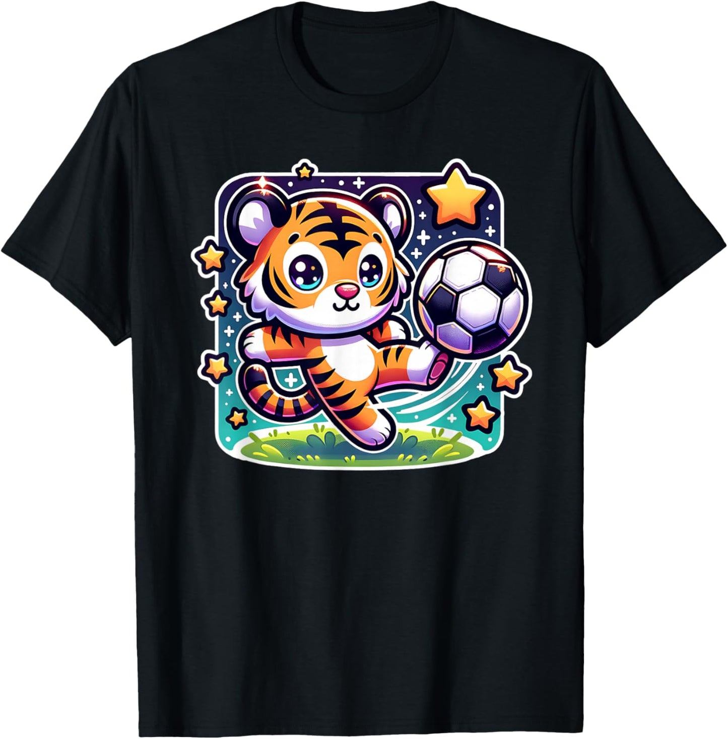Soccer Player Tiger Cub Kicking Soccer Ball Cute Girls Boys T-Shirt - T-Shirt | Black