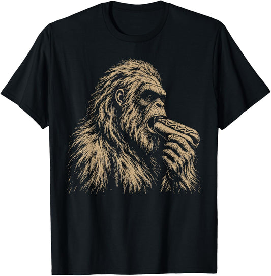 Bigfoot Bite Funny Bigfoot Eating Hotdog Retro Sasquatch Art T-Shirt - T-Shirt | Black