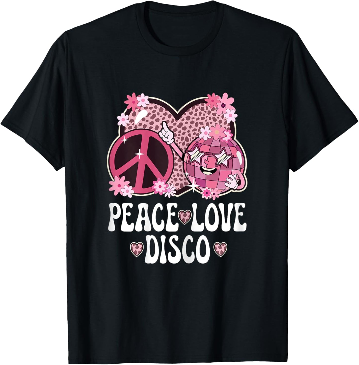 Peace Love Disco Outfit Cheetah Print Women Girls 70s Disco T-Shirt - T-Shirt | Black