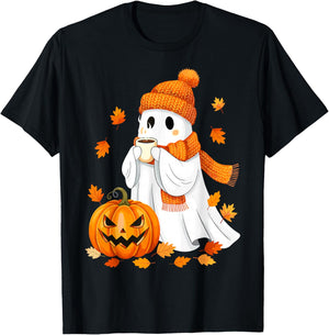 Halloween Ghost Pumpkin Fall Coffee Autumn T-Shirt - T-Shirt | Black