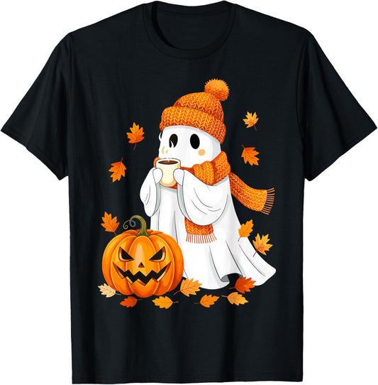 Halloween Ghost Pumpkin Fall Coffee Autumn T-Shirt - T-Shirt | Black