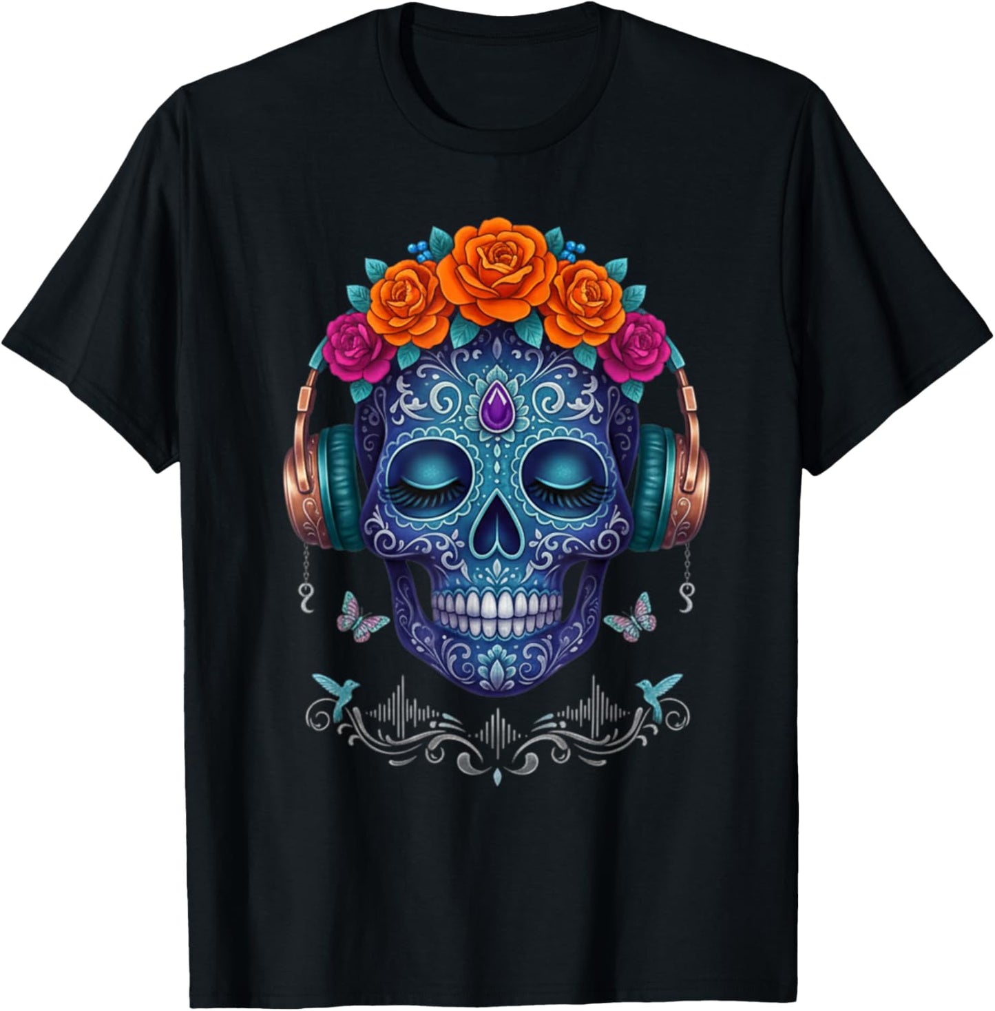 Blue Calavera Skull with Headphones and Flower T-Shirt - T-Shirt | Black