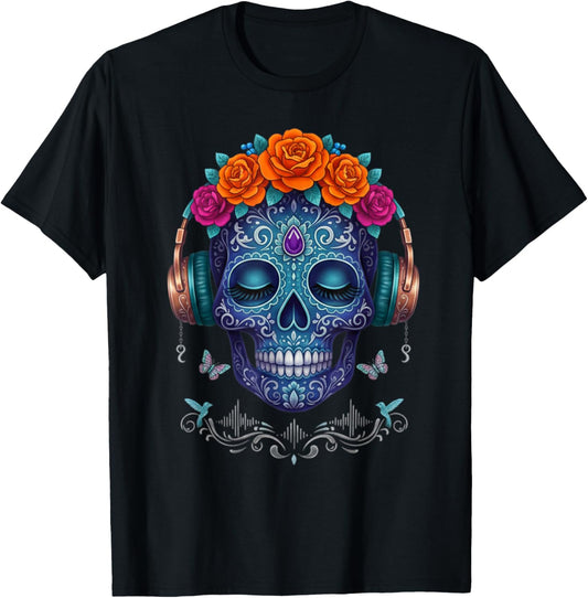Blue Calavera Skull with Headphones and Flower T-Shirt - T-Shirt | Black