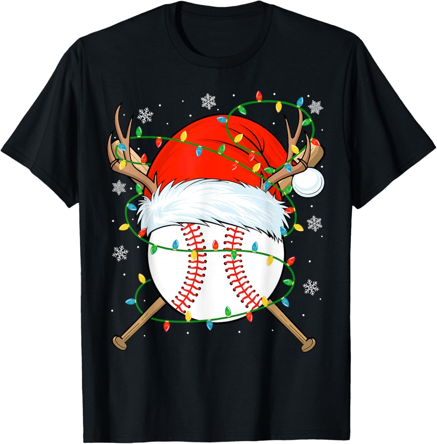 Santa Baseball Ball Xmas Lights Christmas Baseball Player T-Shirt - T-Shirt | Black