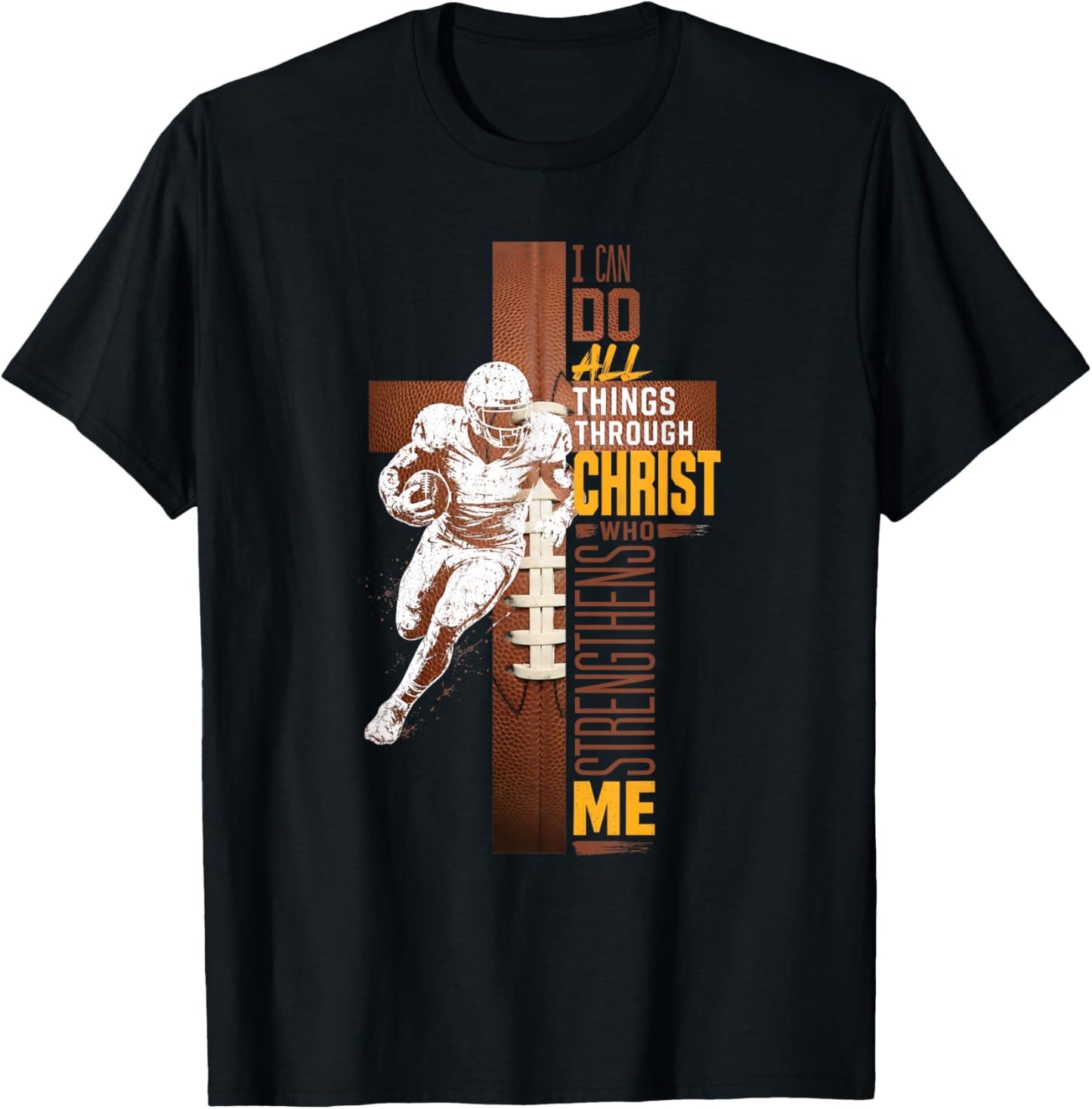Christian Football Cross Athlete Faith Scripture Bible Verse T-Shirt - T-Shirt | Black
