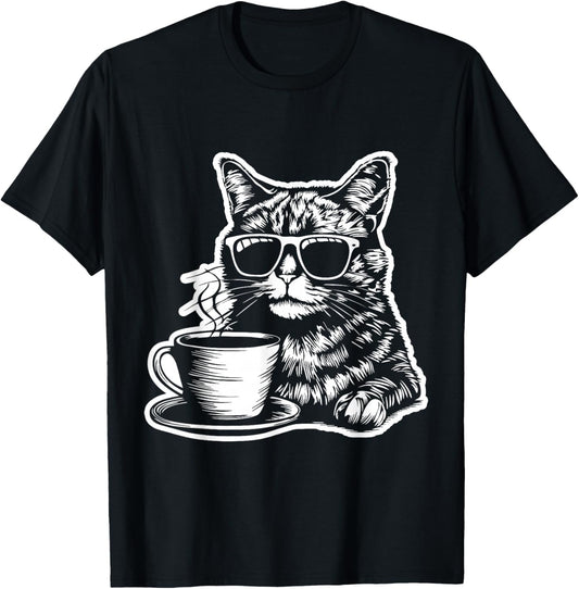 Cat Drinking Coffee Fun and Quirky Art Design Women Kids T-Shirt - T-Shirt | Black