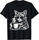 Cat Drinking Coffee Fun and Quirky Art Design Women Kids T-Shirt - T-Shirt | Black
