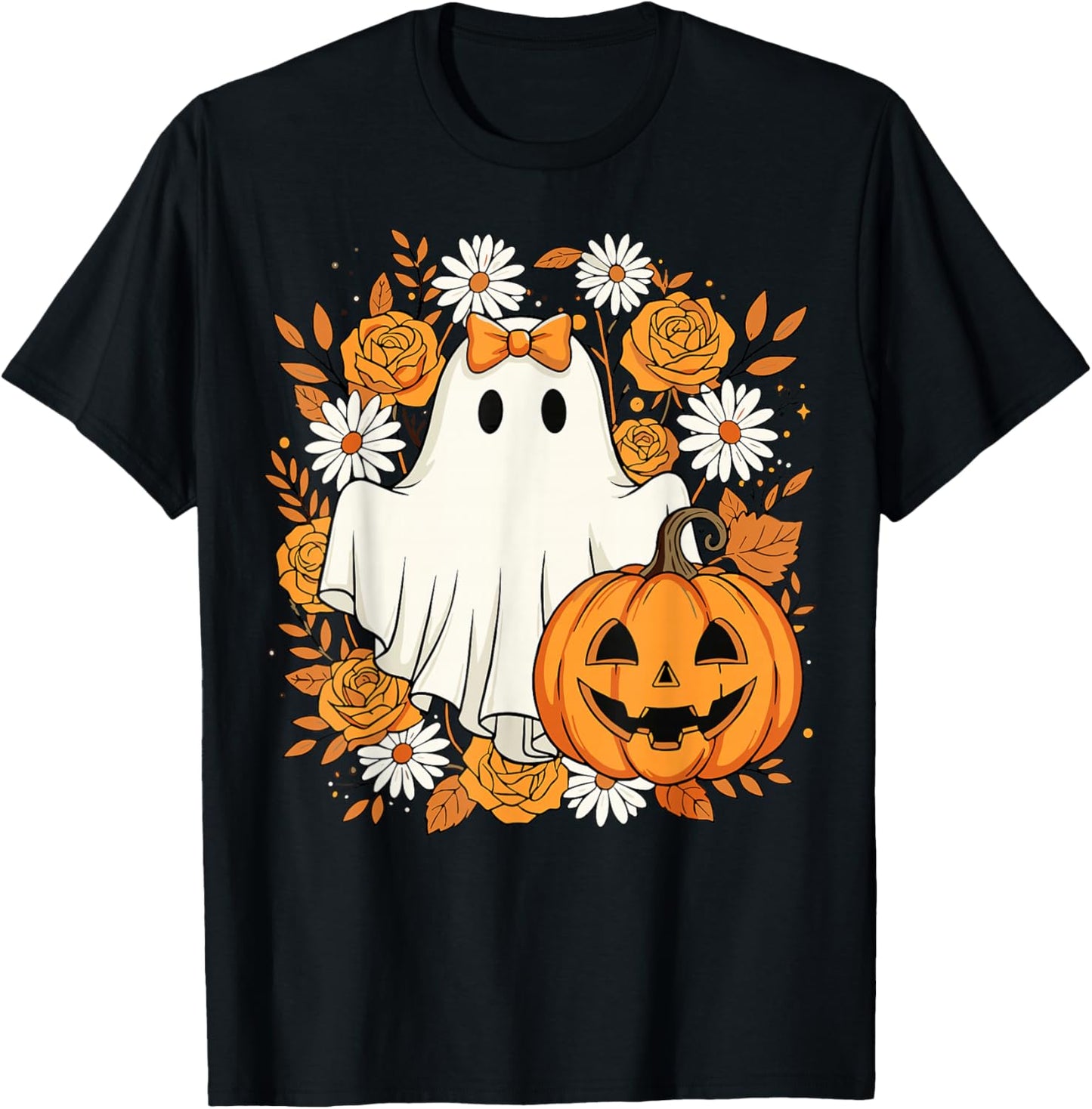 Cute Ghost Pumpkin Floral Halloween T-Shirt - T-Shirt | Black