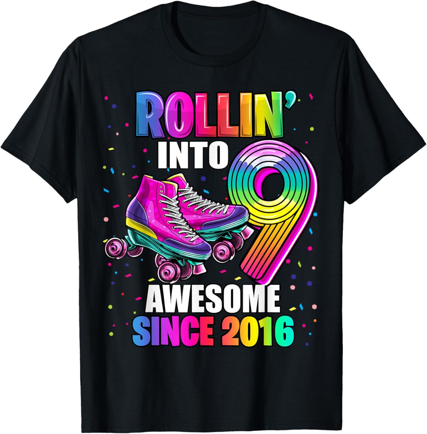 Birthday Roller Skating 9th Girls Rollin into 9 Skate Party T-Shirt - T-Shirt | Black