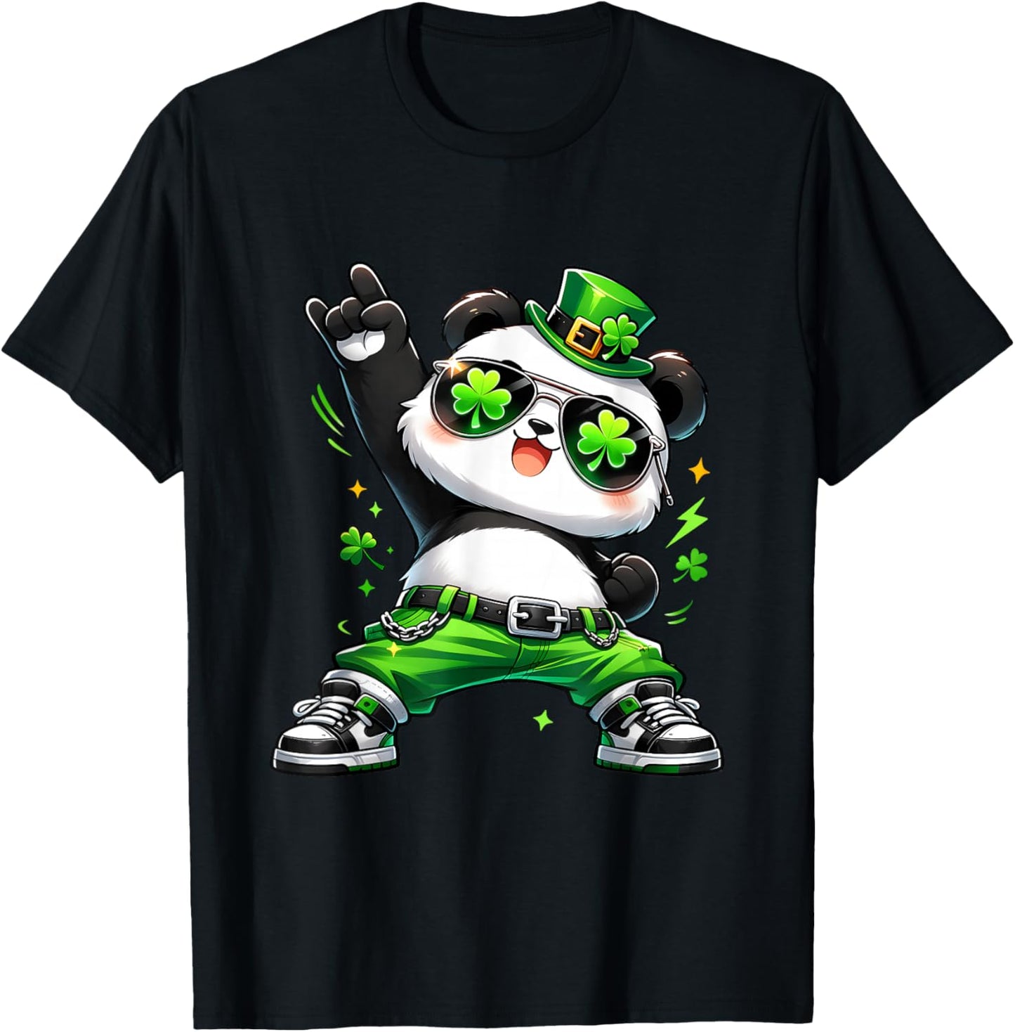 Panda Rocks St Patty's Shamrock St Patrick's Day Dancing T-Shirt - T-Shirt | Black