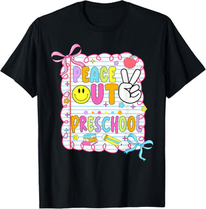 Peace Out Preschool Kid Girl Last Day of School Bow Coquette T-Shirt - T-Shirt | Black