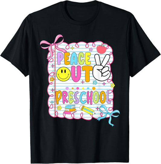 Peace Out Preschool Kid Girl Last Day of School Bow Coquette T-Shirt - T-Shirt | Black